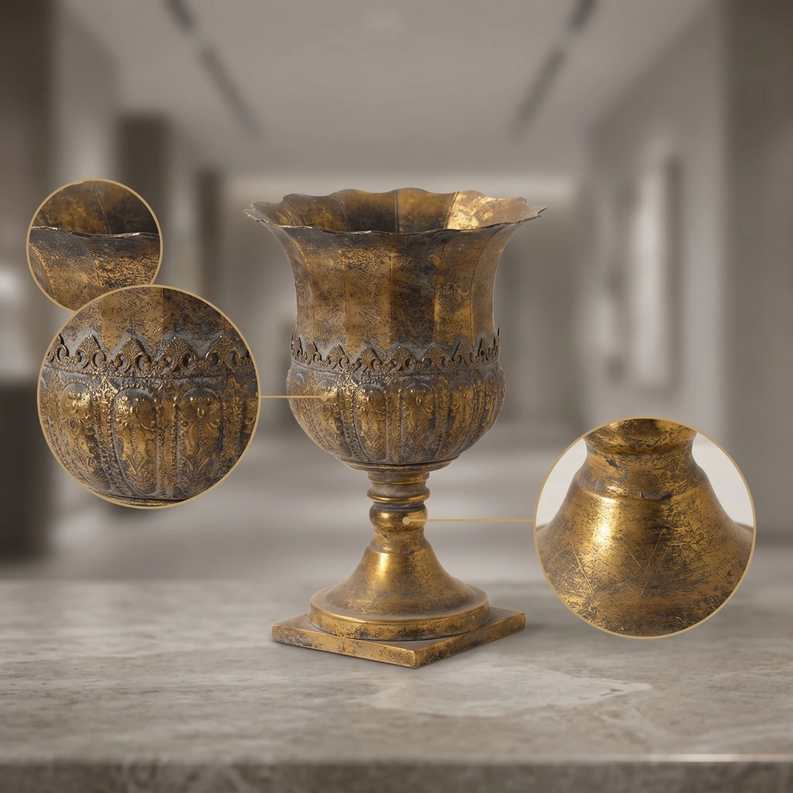 Pedestal Vase Antique Gold Vase with Scalloped Rim Metal Urn with Square Base Distressed Embossed for Entryway, Living Room