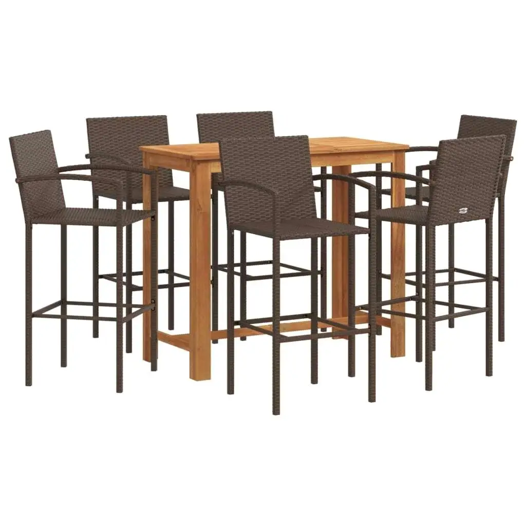 Set bar da patio da 7 pezzi in legno di acacia marrone e polyrattan - Mobili da esterno eleganti