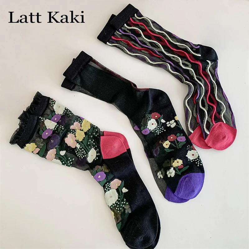 

3 Pairs Women's Socks New Fashion Black Socks Breathable Casual Sweet Girls Thin Transparent Crew SocksSet Mixed-color Comfort