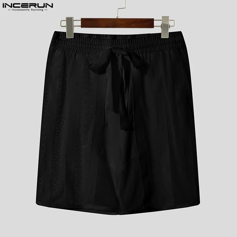 

INCERUN Men Shorts Mesh Patchwork Striped See Through Drawstring Men Bottoms Summer Streetwear 2025 Sexy Fashion Male Shorts
