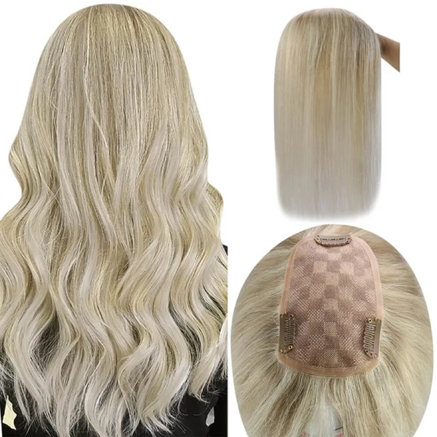 Youngsee 3*5 inch Topper Hair For Women Highlight Blonde Machine Remy Hair Pieces in Naturally Comfortable With Clips 10-18inch