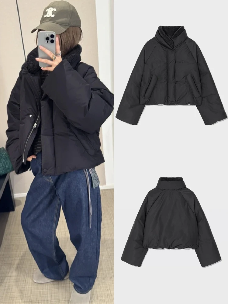 

Removable Fur Collar ort Puffer Jaet Women's Loose Fit Warm Workwear Sle Bread ape down Coat Fem Spring Autumn