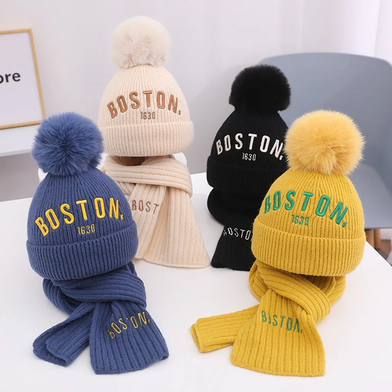 8 Colors Winter Fashion Letter Beanie Hat for Boys Girls Outdoor Warm Knitted Hat with Scarf Sets Kids Woolen Headwear Cap 3-8Y