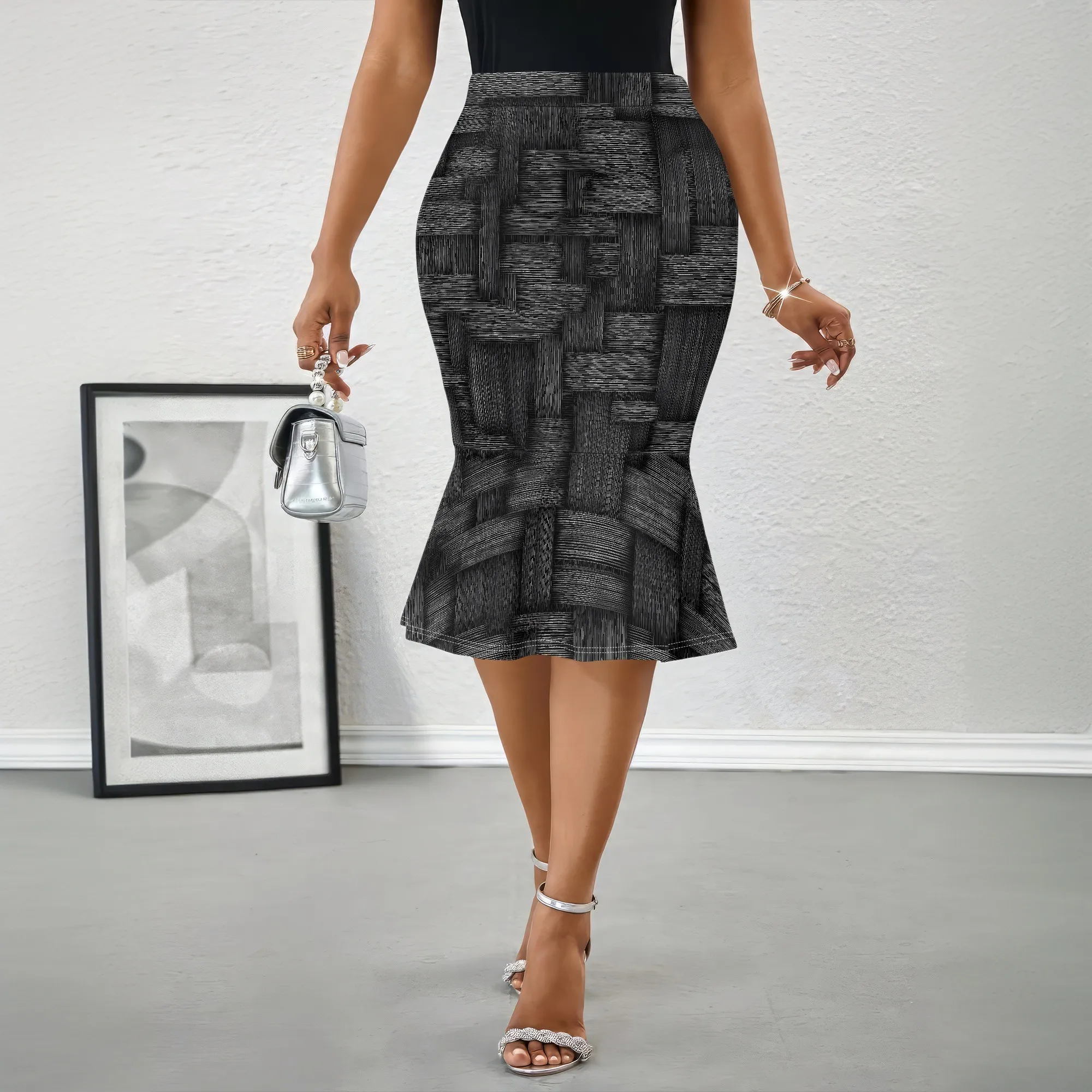 High Waist Midi Skirt, Abstract Weave Print Pencil Skirt, Stretch Bodycon Mermaid Skirt, Office Party Wear S-2XL
