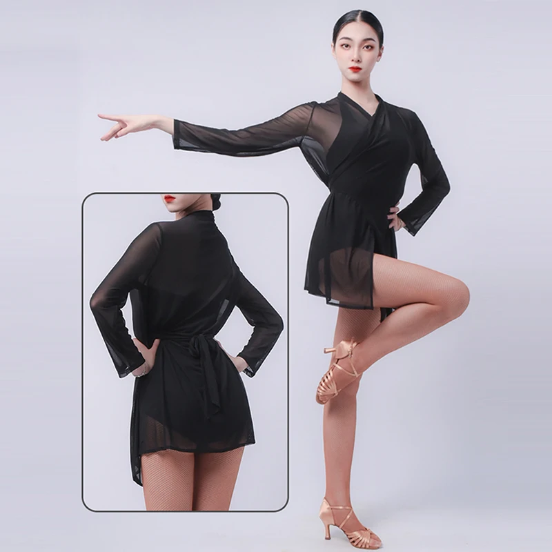 หญิงลาตินเต้นรำสวมใส่เมห์แขนยาวเสื้อแซมบ้ารุมบ้าเต้นรำเสื้อผ้าผู้ใหญ่บอลรูมแทงโก้การฝึกอบรมเสื้อ VDB5749