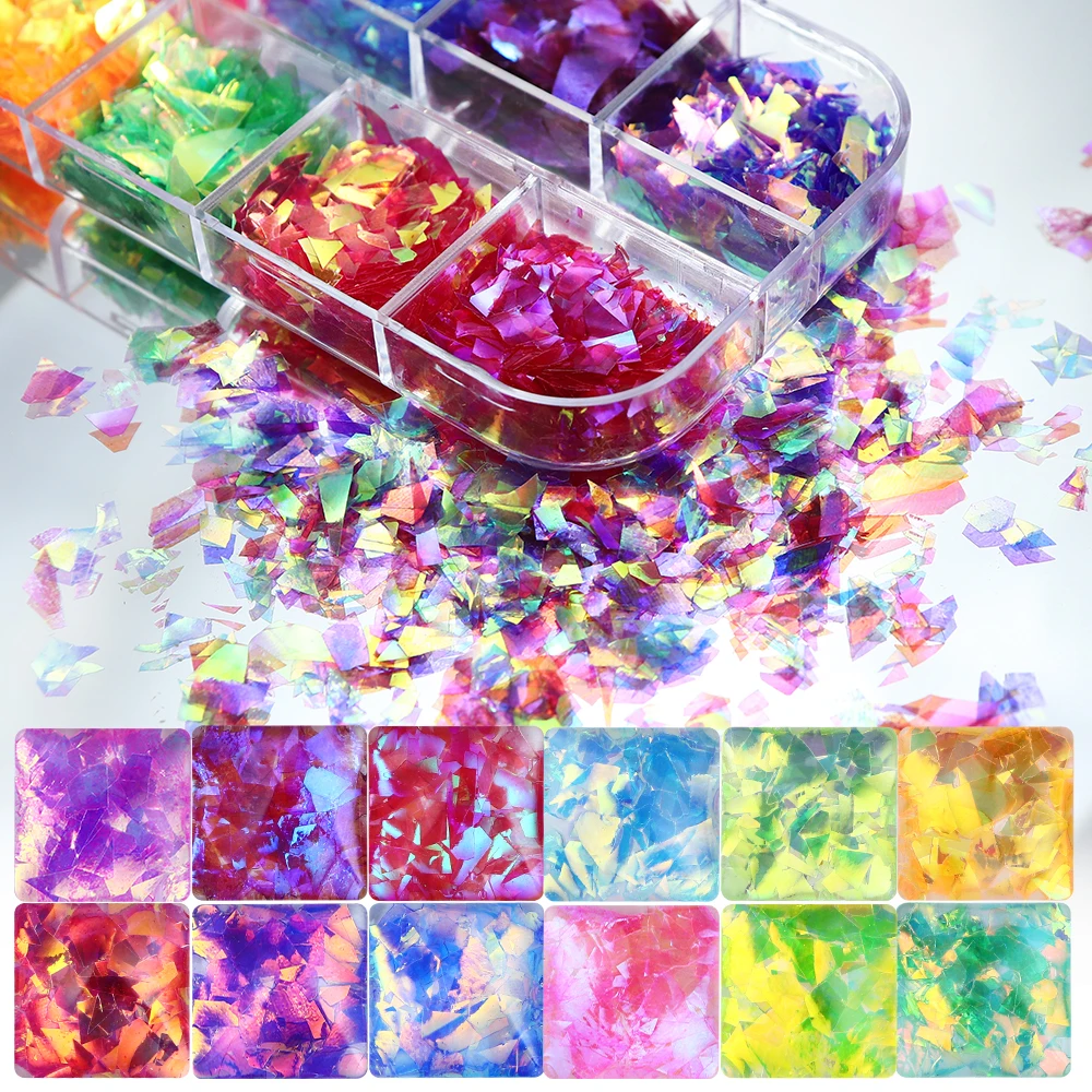 12 กริด/กล่อง Iridescent Glitter ไม่สม่ําเสมอ Flakes อีพ็อกซี่เรซิ่นบรรจุ Aurora Sequins ขนาดใหญ่ Fragment DIY เรซินแม่พิมพ์ FILLER ทํา