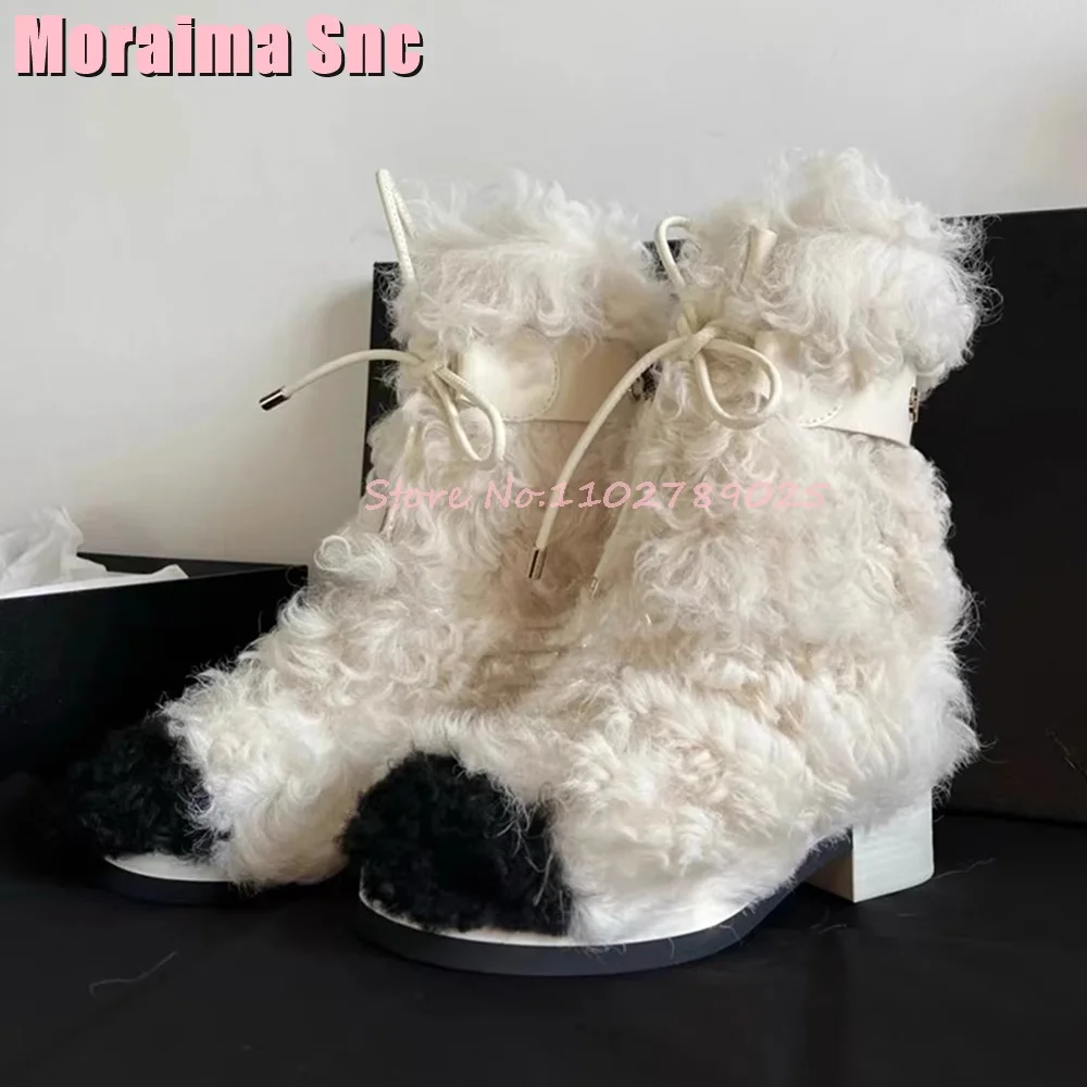 Lamb Wool Mixed Colors Ankle Snow Boots Round Toe Lace Up Block Chunky Heel Sexy Unique Fashion Women Boots Autumn Winter 2023