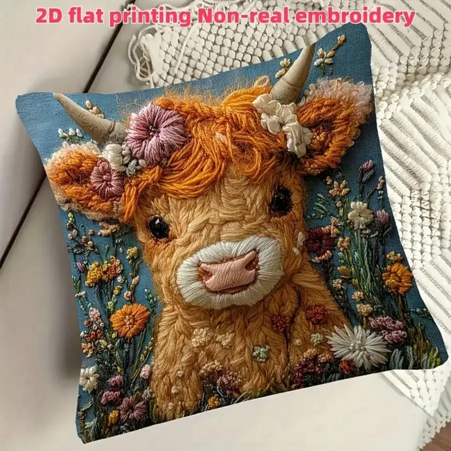 1pc Vintage Highland Cow Decorative Pillow Cover, 2D Embroidery-Like Print, 18X18 Inches, Plush Fabric, Zippered, Cute Highland Calf, For Living Room Sofa Decor, Pillow Insert Not Included