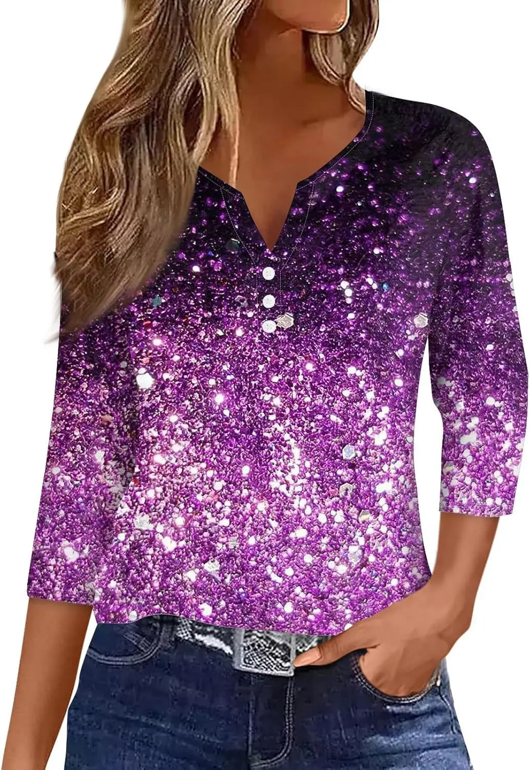 T-Shirt Women's Summer New Seven Quarter Sleeve Button Fashion Women's Sequin Series Top, One Piece Hair ReplacementWG23