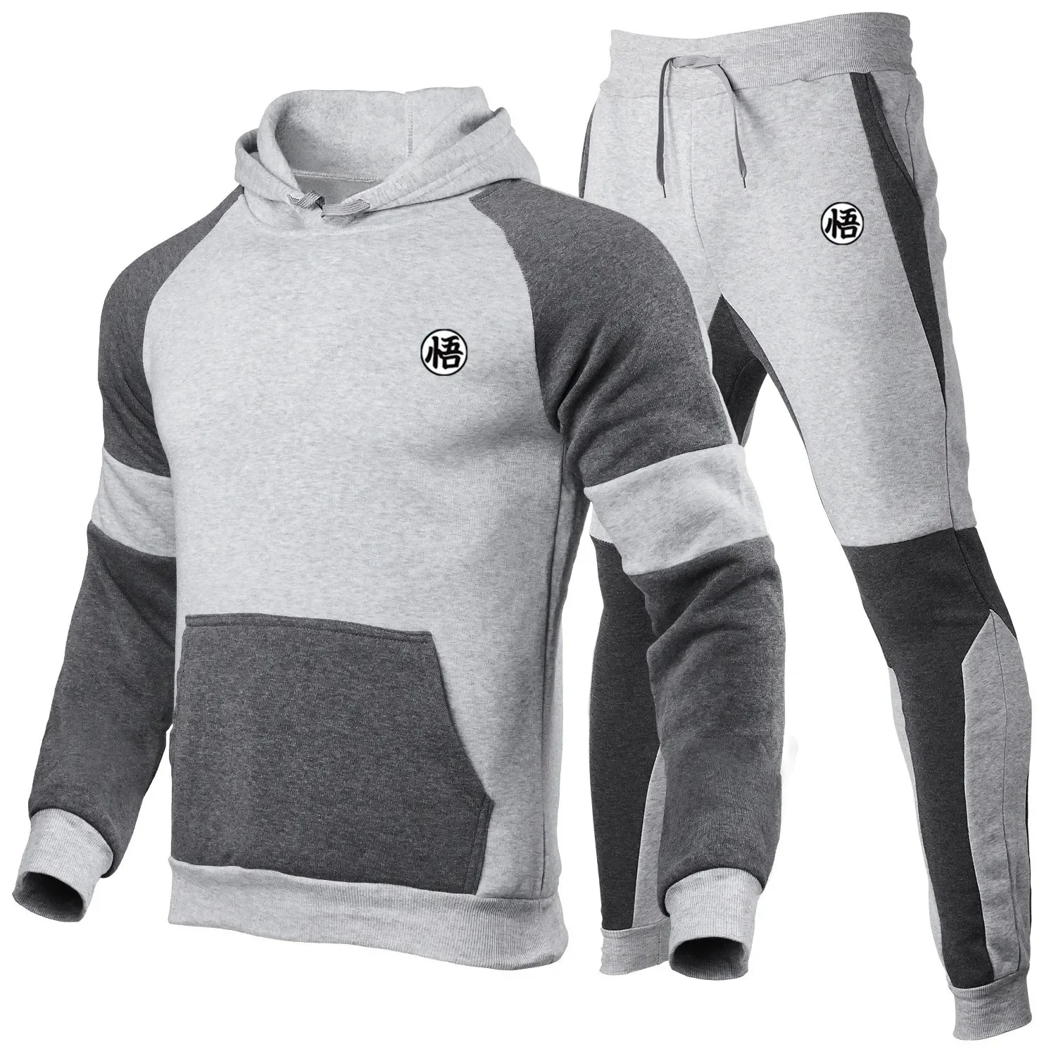 Autumn and winter men\'s casual multi-splicing and fleece off-shoulder hoodie set couple jogging fashion sportswear