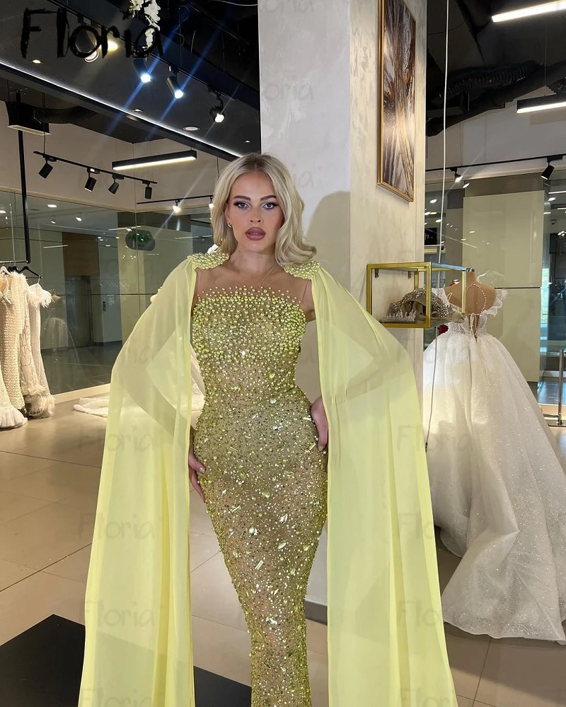 Robe de soirée à manches cape avec perles jaunes, paillettes perlées de Dubaï, robes de soirée, robes éducatives pour toutes les occasions formelles, acheter