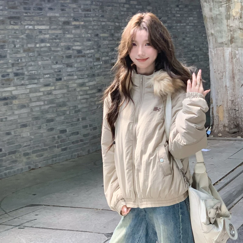 Women Beige Short Parka Cotton Coat 2026 New Winter Detachable Fur Collar Hooded American Vintage Loose Design Ladies Outerwear