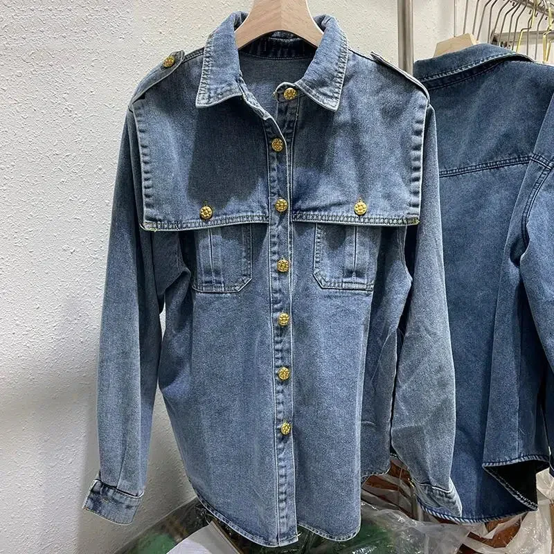 Casualowy wzór Jean bluzki damskie pojedyncze piersi kieszeń Vintage jeansowe koszule nowa wiosna jesień myte moda Blusas Mujer