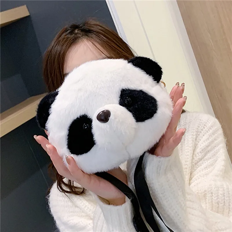 Women Cute Cartoon  3D Plush Panda Crossbody Bag Female Winter Warm Fluffy Messenger Bag Mobile Phone Pouch Ladies Travel Purses