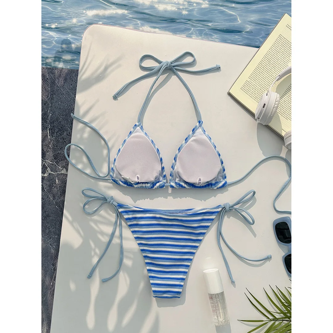 8 Farben, pinkfarbenes zweiteiliges Bikini-Set, gestreiftes Bikini-Oberteil mit hohem Beinausschnitt, Damen-Badeanzug, Damen-Badebekleidung, Badeanzug, Schwimmanzug V5540. – Detail 15