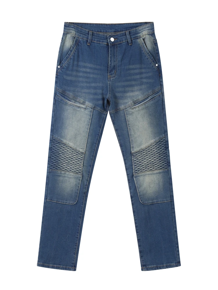 

Motor Street Pencil Jeans Men Pleated Patchwork High Waist Denim Pants 2026 Spring Zipper Slim Pockets Male Long Trousers