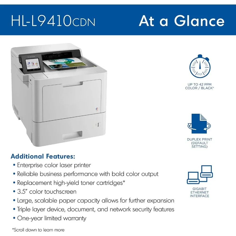 طابعة ليزر ملونة HL‐L9410CDN Enterprise مع طباعة سريعة وسعة ورق كبيرة وميزات أمنية متقدمة