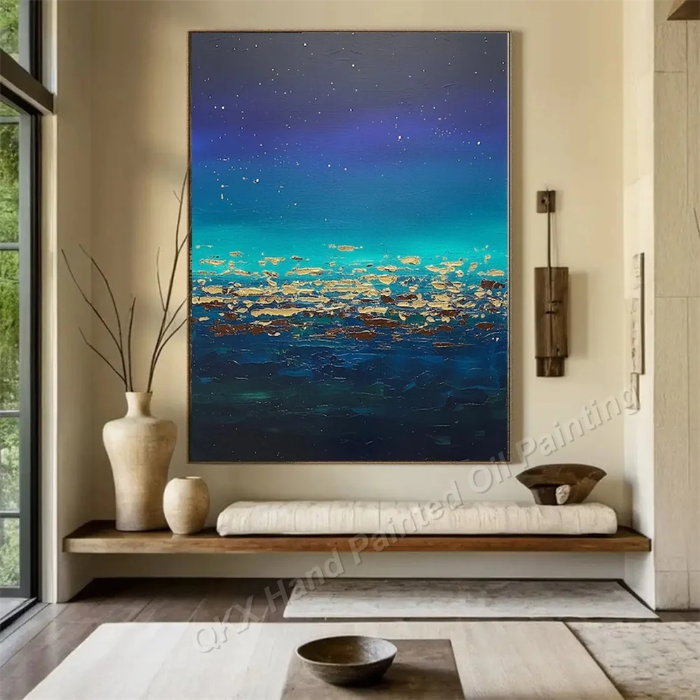 Hand-Painted Oil Painting on Canvas Wall Art Decor for Living Room, Luxury Gold Foil Starry Ocean Impasto Vertical Canvas Art
