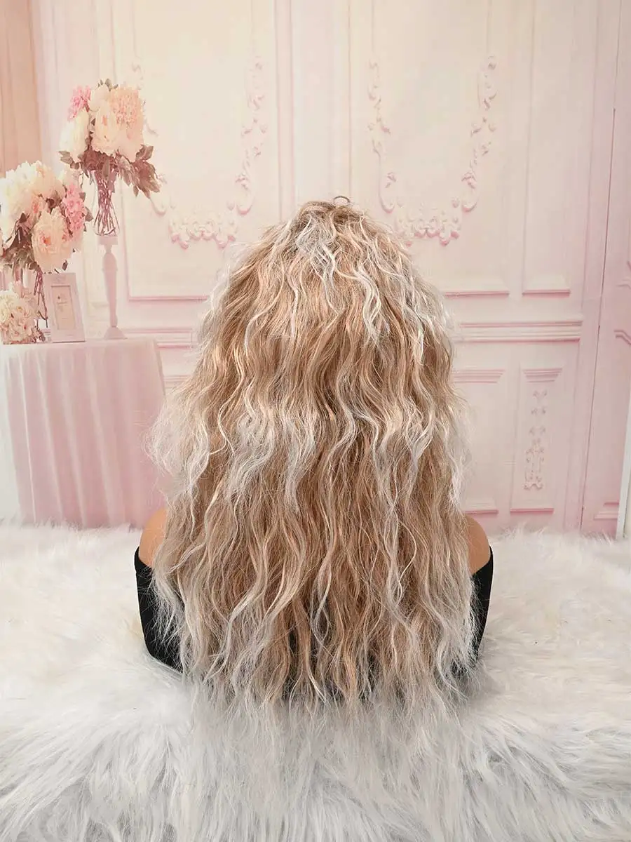 Blonde White Highlight Long Water Wave Curly Wig with Bangs, Natural Fluffy Heat Resistant Synthetic Wig for Daily Party Cosplay