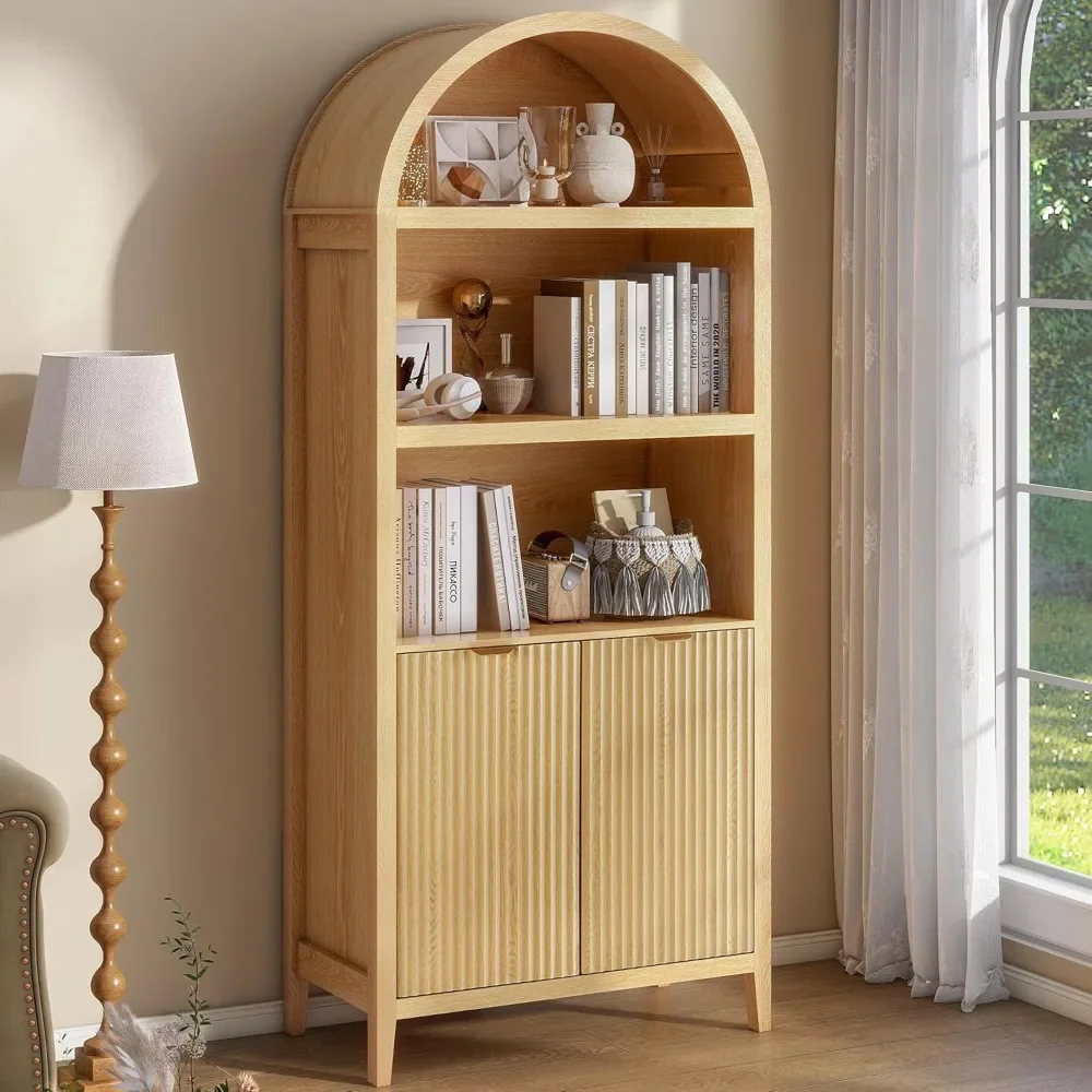 

71 inch Arched Cabinet with Doors, Tall Storage Cabinet, Oak Wood Finish, Adjustable Shelves, Arched Bookcase for Dining Room