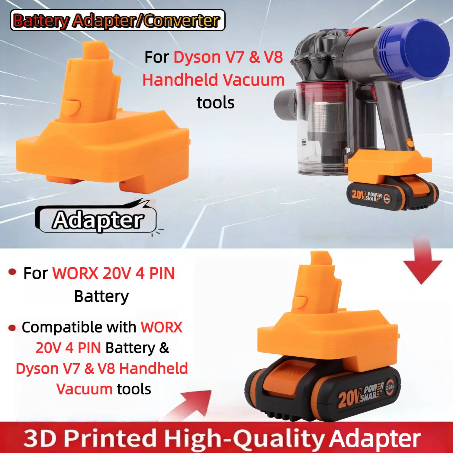 For WORX 20V 4 PIN Series Li-ion Battery Adapter TO Dyson V7 & V8 Handheld Vacuum Converter Power Tools Accessory(Only Adapter)