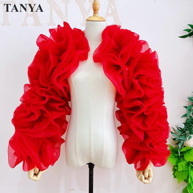 Bladerdeeg Zwart Tule Lange Mouwen Jas Meisjes Overdreven Bolero Jas Donkerrood Bijpassende Avondjurk Vrouwen Formele Elegante Wrap