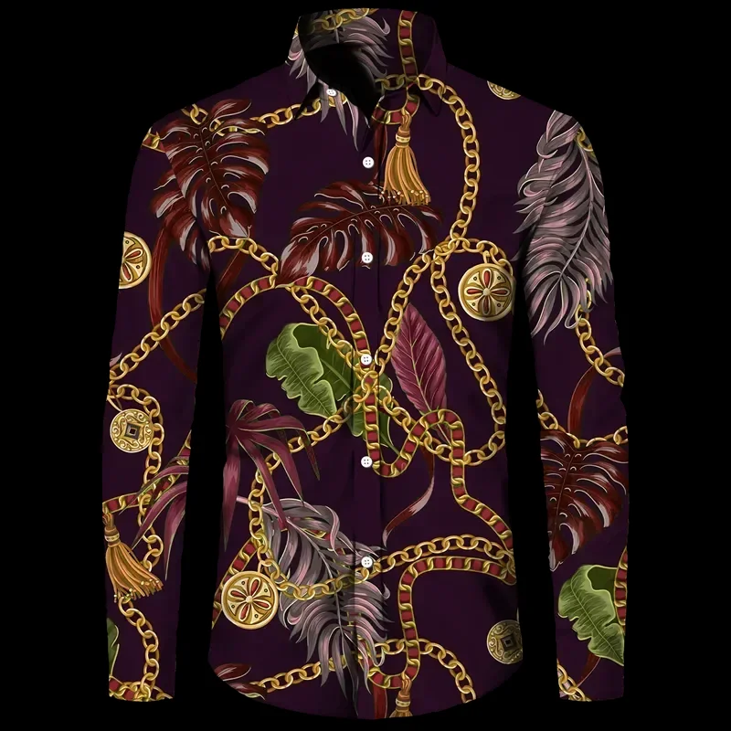 New social party fashion luxury gold print men\'s shirt Baroque style long sleeved lapel button up top Hawaii