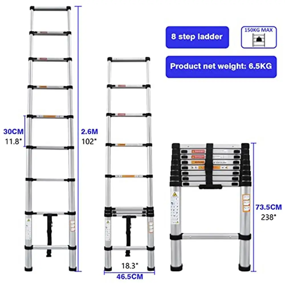 Telescopic Aluminum Extension Ladder 8FT Collapsible Attic RV Portable Telescoping Loft Escape Step Roof Telescope Foldable