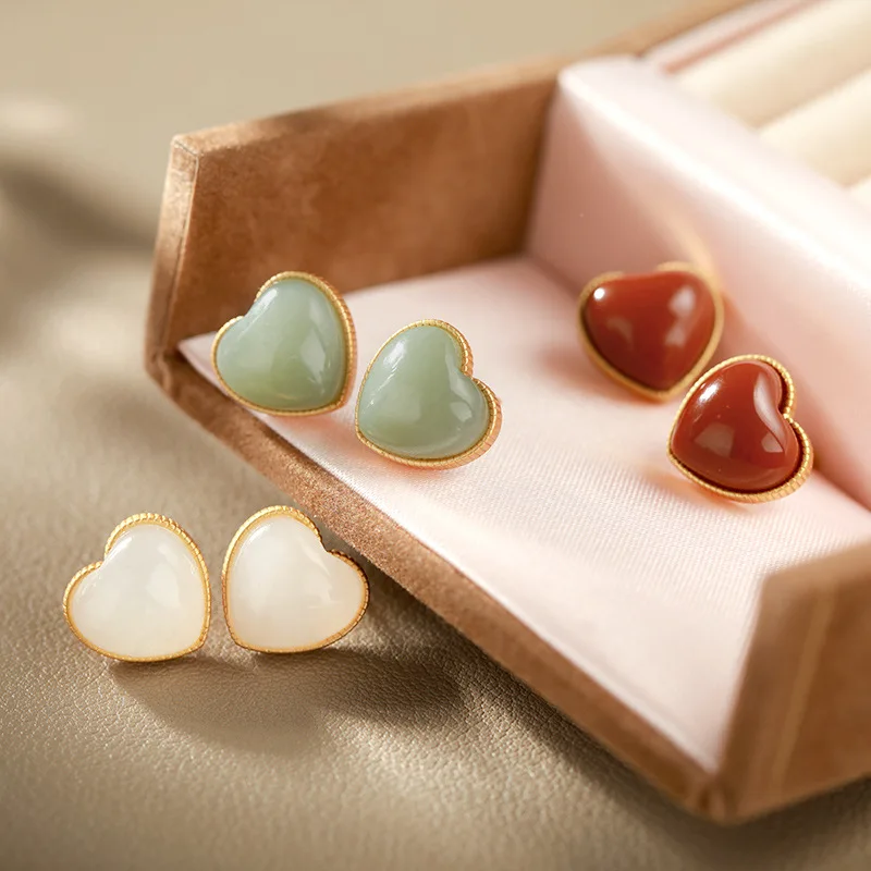 

S925 Sterling Silver Inlaid Hetian Jade South Red Girl Rings Ear Studs