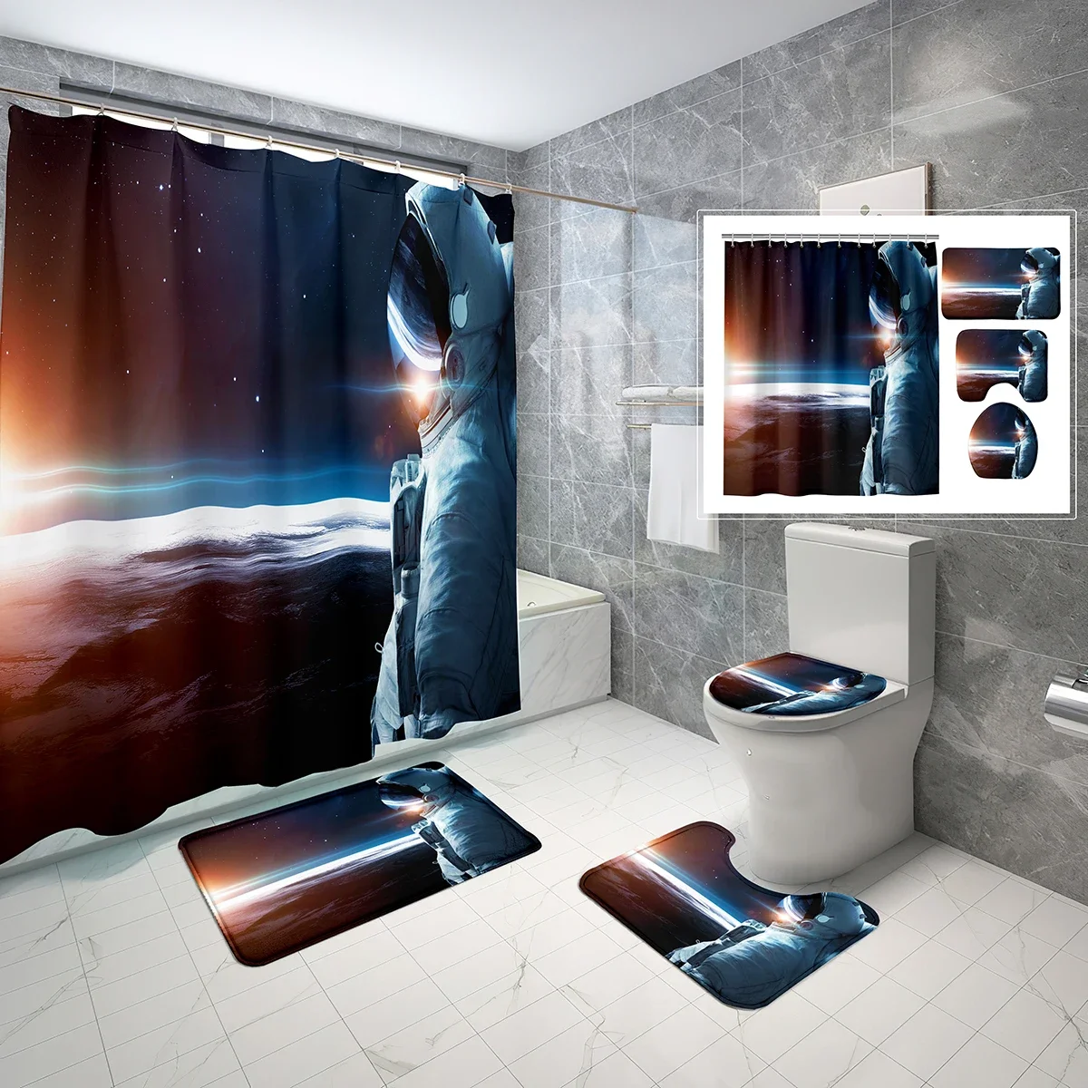 4 PCS Sci-fi Astronaut Theme Shower Curtain Sets,Forest Exploration Bathroom Bath Curtain,Non-Slip Bath Mat Toilet Cover Set