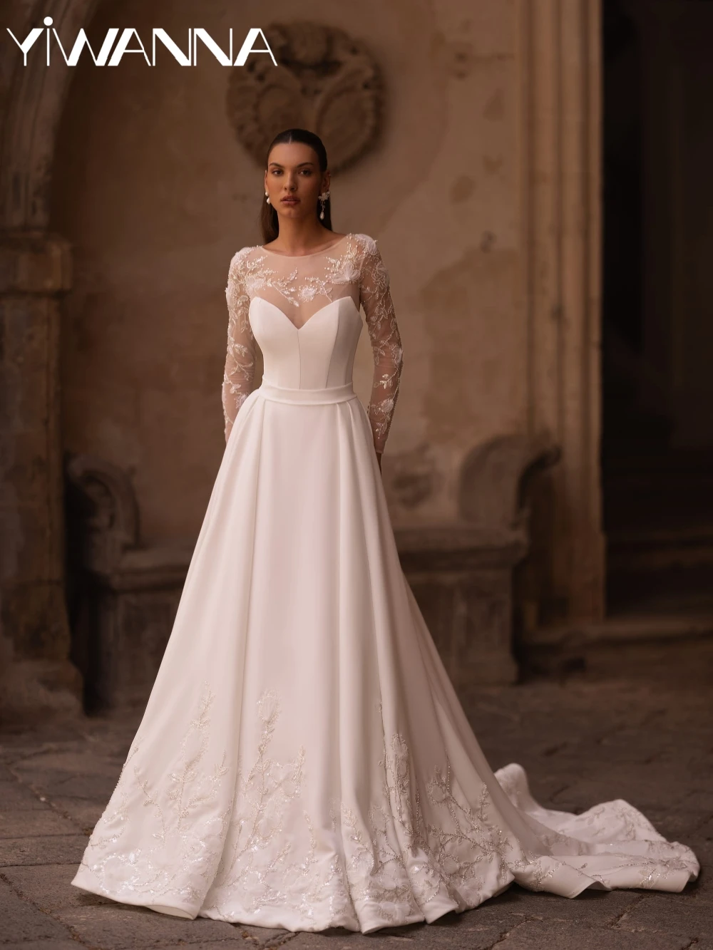 

New Arrival Dazzling Beaded A-line Wedding Dress Classic Oneck Long Sleeve Bridal Gown Customized Stunning Dresses For Bride