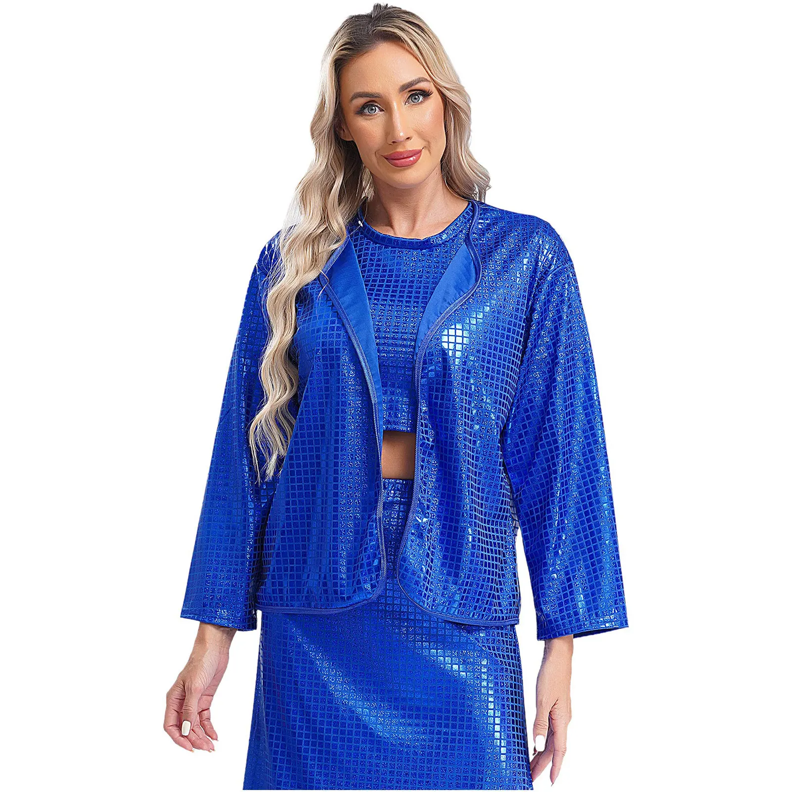 Moda mujer Bolero cuadrado lentejuelas Cardigan abrigo chaquetas Clubwear Disco noche encogimiento de hombros Top carnaval Festival traje de fiesta de noche