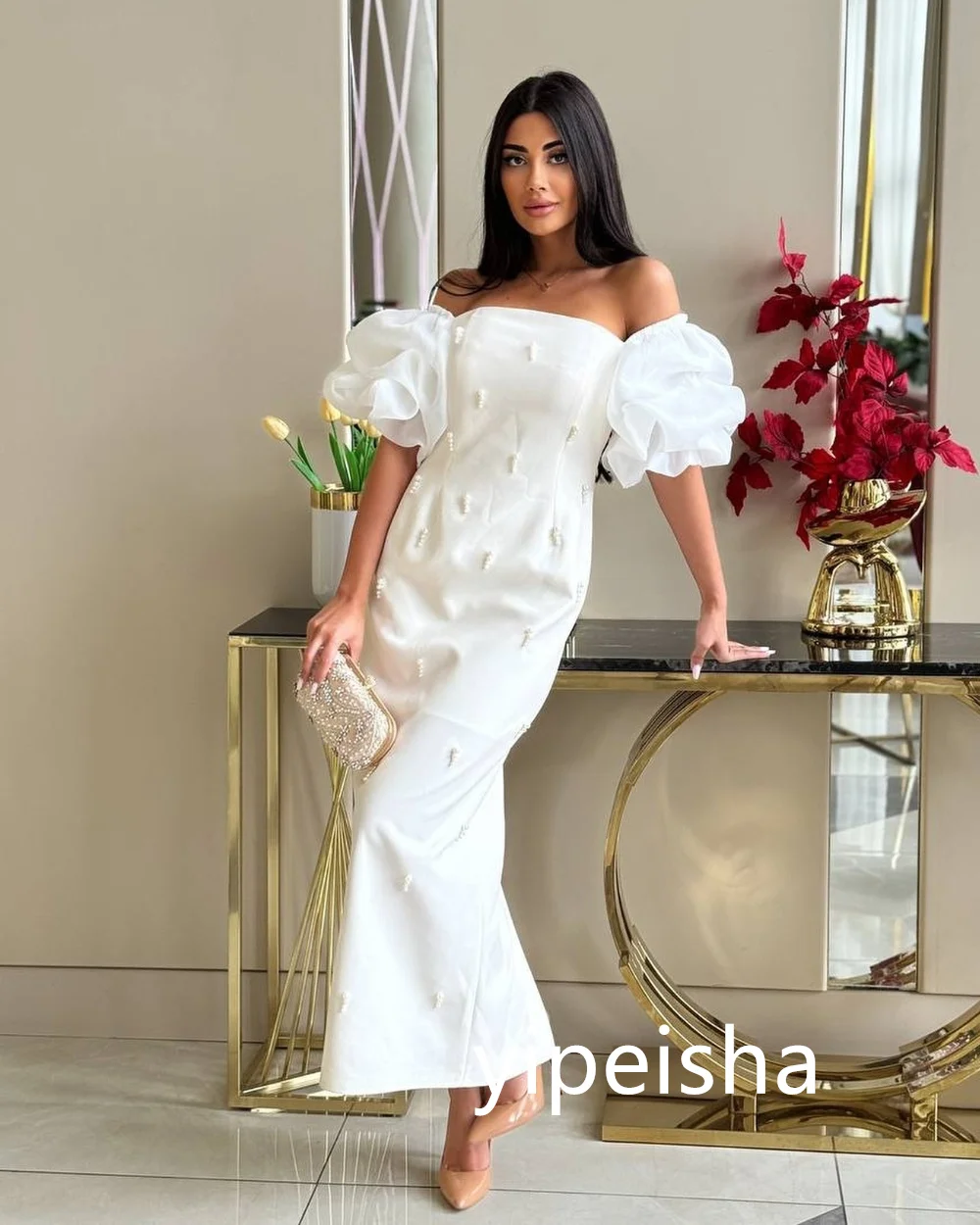 Customized Intricate Jersey Pearl Pleat Straight Off-the-shoulder Midi Dresses Cocktail  High Quality Exquisite Classic Fashion