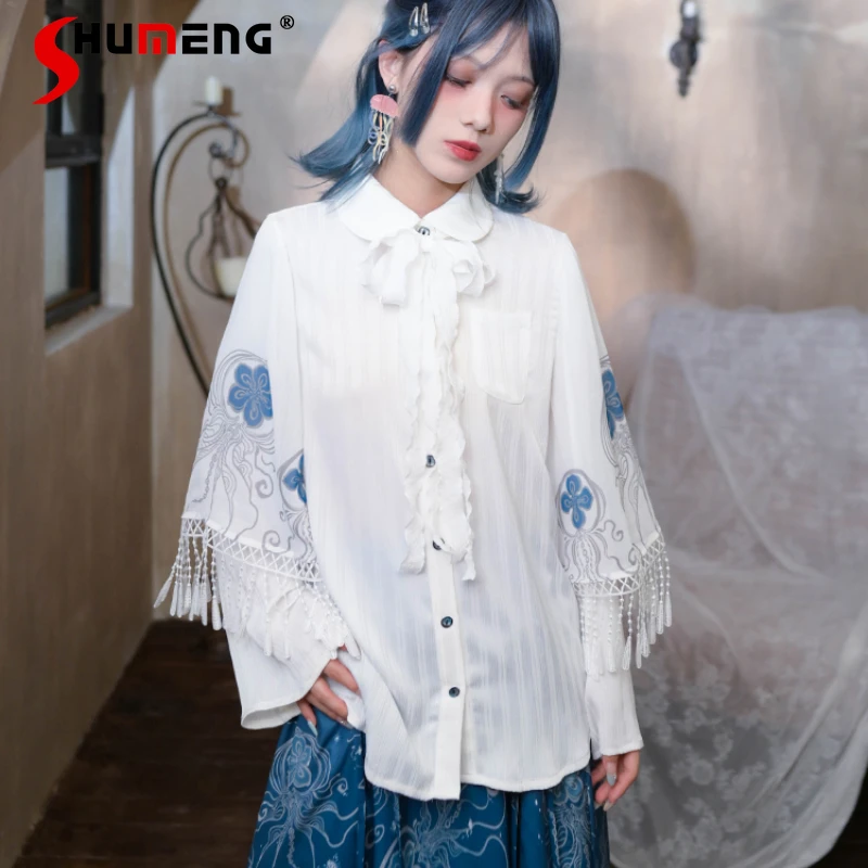 

Japanese Doll Collar Double-sleeved Design White Shirt Women's Clothes Autumn Splicing Fringed Lace Top Single-breasted Blouse