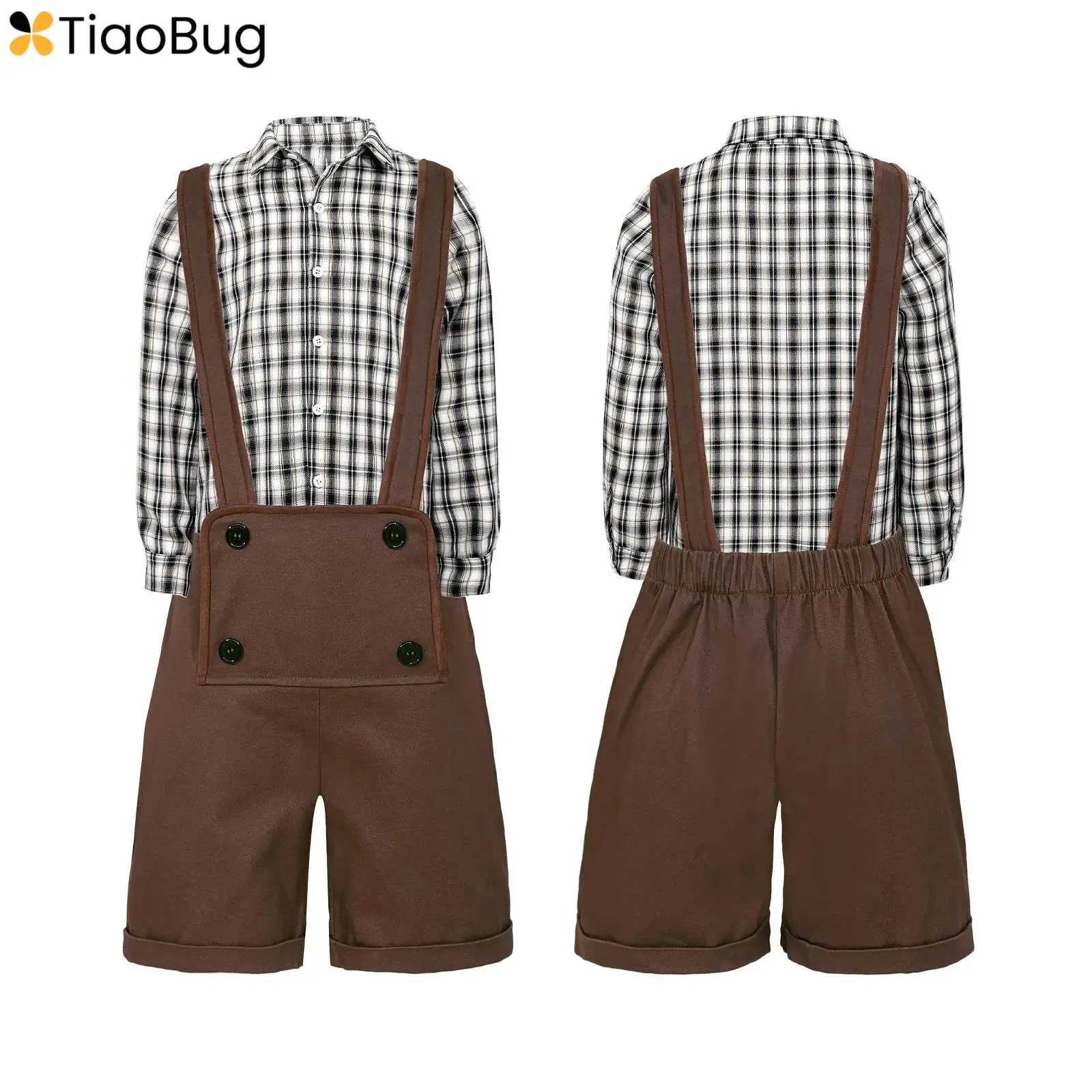 Kids Boys Western Cowboy Costume 2Pcs Casual Turn-Down Collar Long Sleeve Plaid Shirt+Overall Shorts School Outfit Fancy Dress