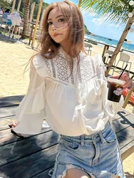 Gypsylady French Chic White Blouse Shirt Cotton Spring Autumn Hollow Out Crochet Long Sleeve Women Ladies Female Blouses Tops