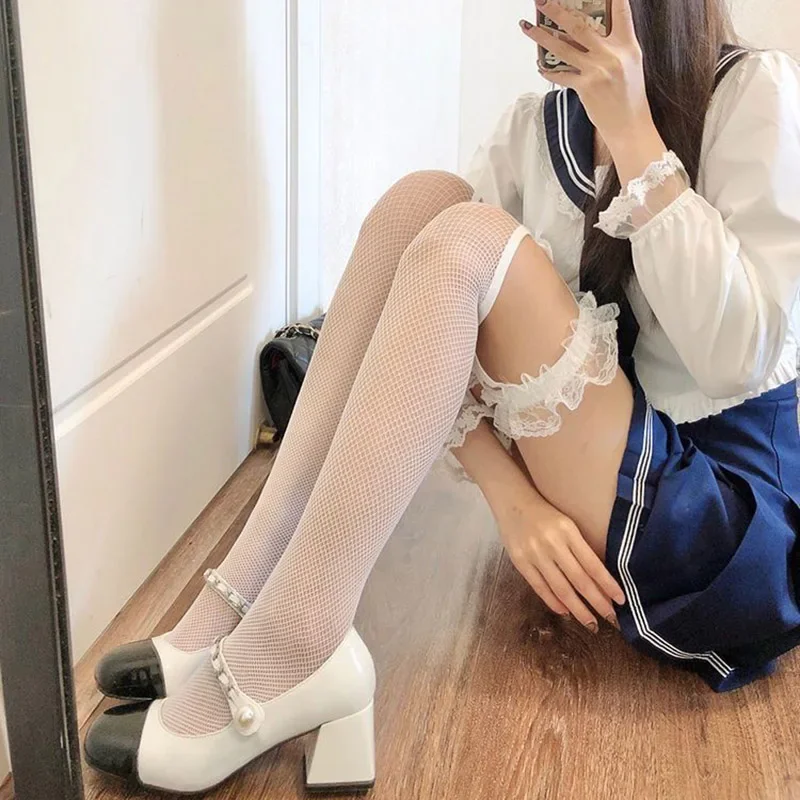 Harajuku JK Girls Long Socks Black Goth Mesh Stockings White Lolita Cosplay Women Sexy Knee Bowknot Thigh High Stockings