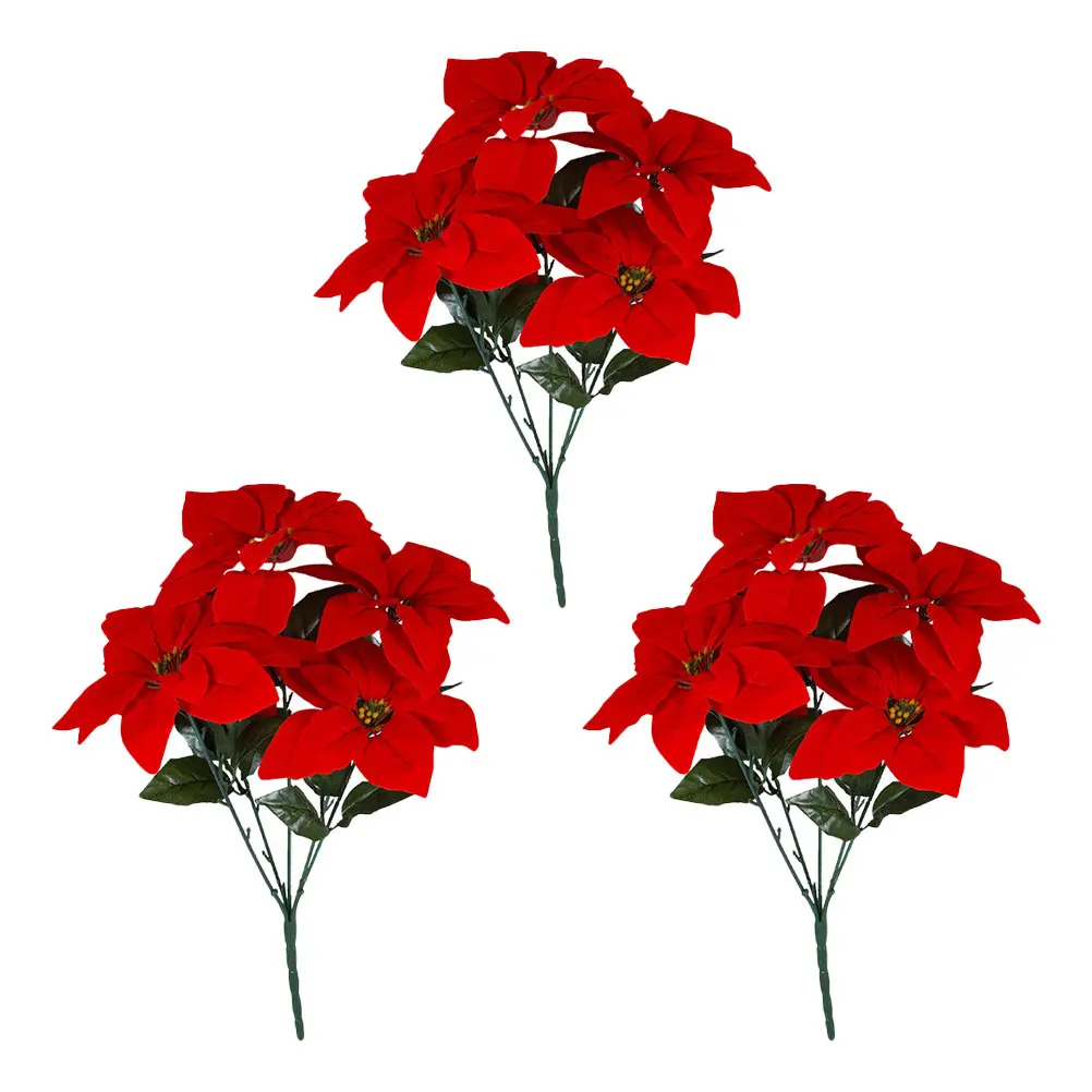 

3pcs Christmas Red Flower Decoration Faux Flowers Bouquet Flannel Artificial Home Party Crafts Decor Simulated Xmas Ornament