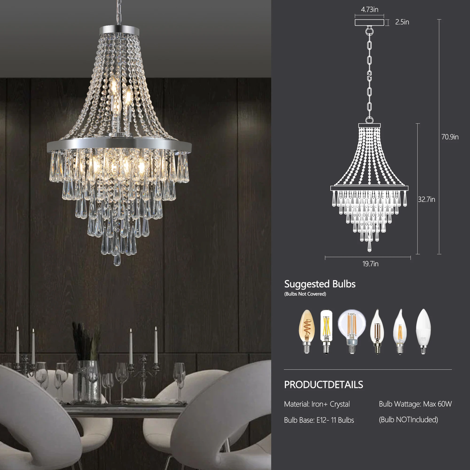 Grand lustre en cristal argenté de luxe, cristal K9 éblouissant, finition métallique haut de gamme, est un choix idéal pour une décoration chic