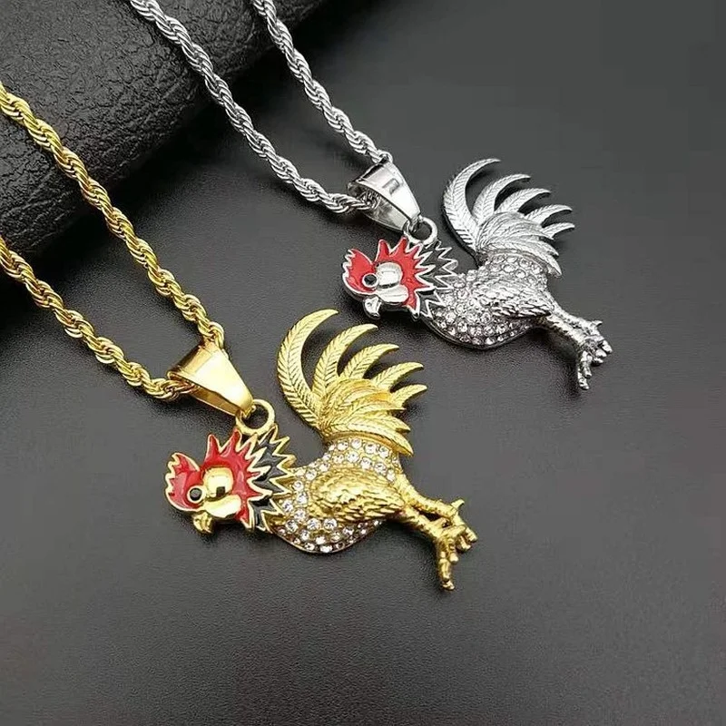 Animal Punk Hip-Hop Titanium Steel Necklace Gold-Plated Rhinestones Necklace Rooster Pendant Necklace 12 Zodiac Accessories