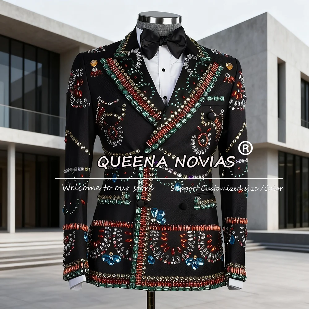 

Diamond Beaded Suits Men Formal Party Groom Wedding Tuxedos Customized Double Breasted Jacket Pants 2 Pieces Man Party Dresses