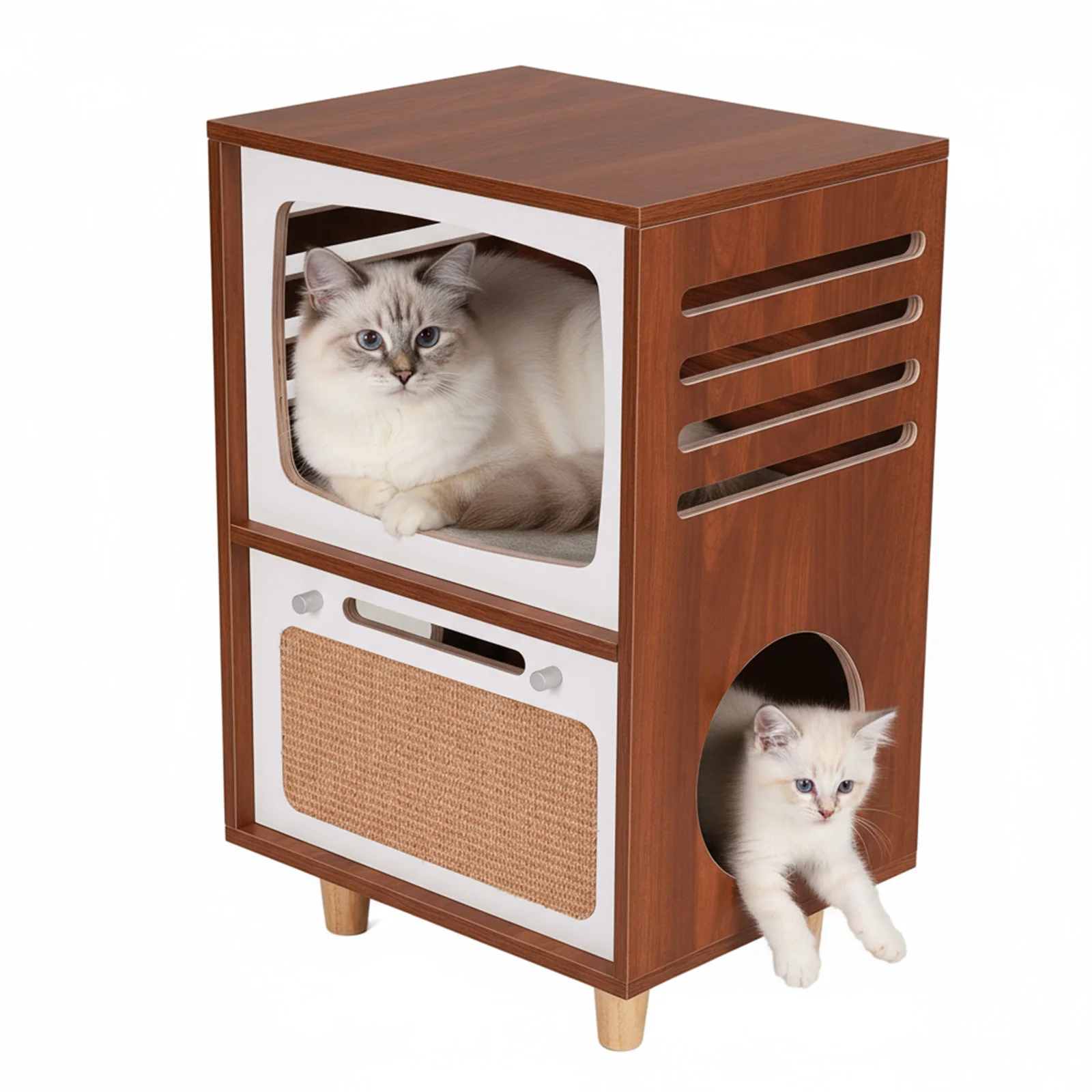 

Двухуровневый центр активности для кошек в помещении с когтеточкой, большим боковым столиком и домиком для кошек в ретро-стиле (в виде телевизора), для использования в помещении, лежанки для кошек