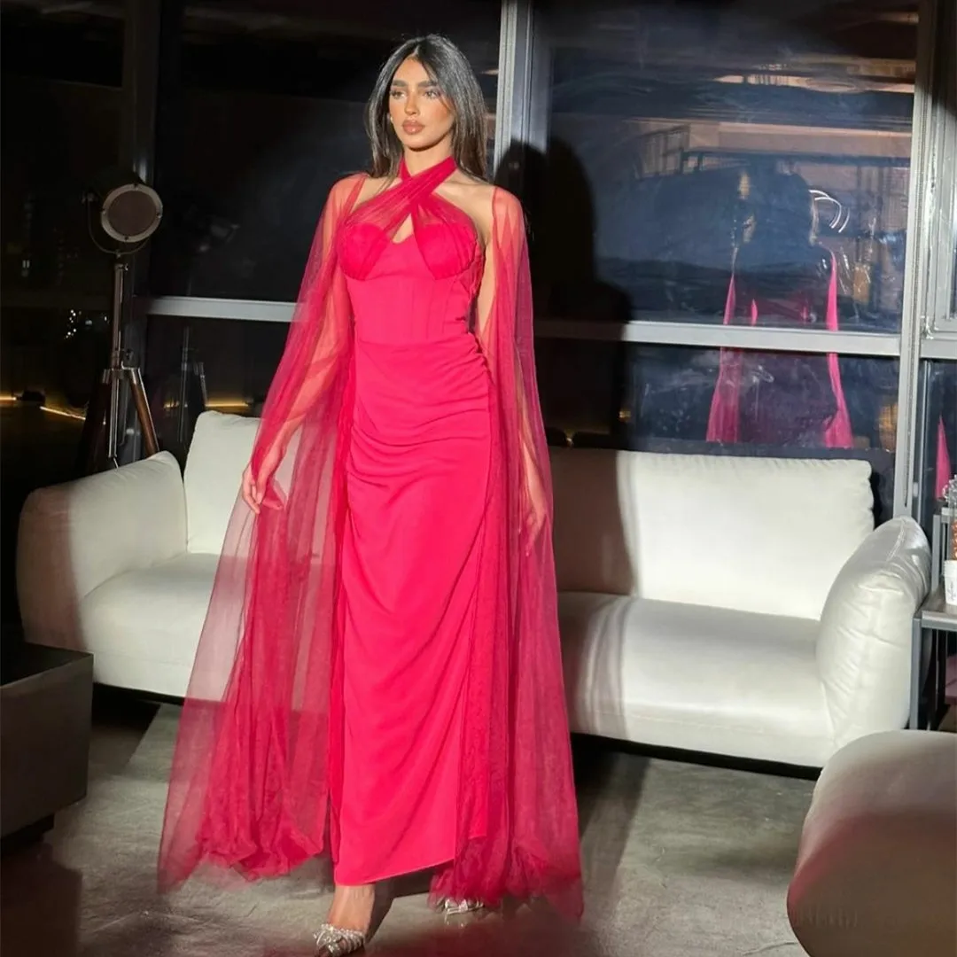 

Classic Long Tulle Halter Evening Dresses With Wrap فساتين سهرة Sheath Pleated Ankle Length Prom Party Dress for Women