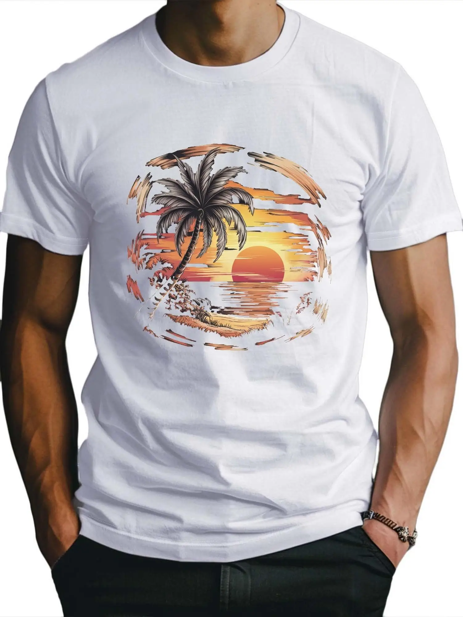 Tropical Beach Sunset Pattern Slim Fit Men's T-Shirt, Moisture-Wicking, Free Movement