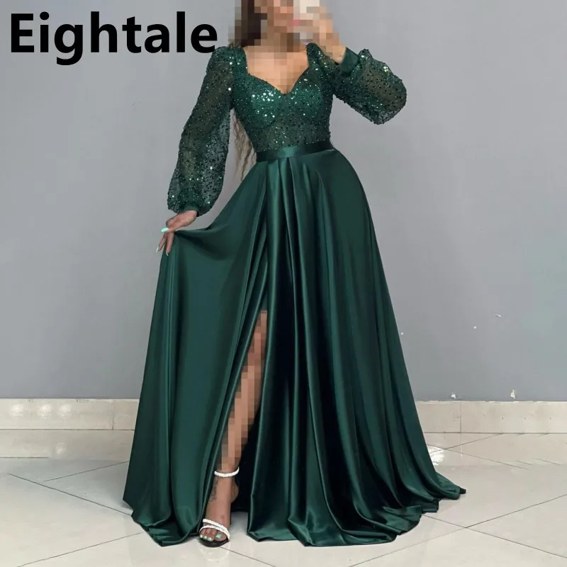 

Eightale 2024 Dark Green Sequin Long Sleeve Evening Dress For Wedding Party Sexy Slit Prom Dress Dubai Party Gown