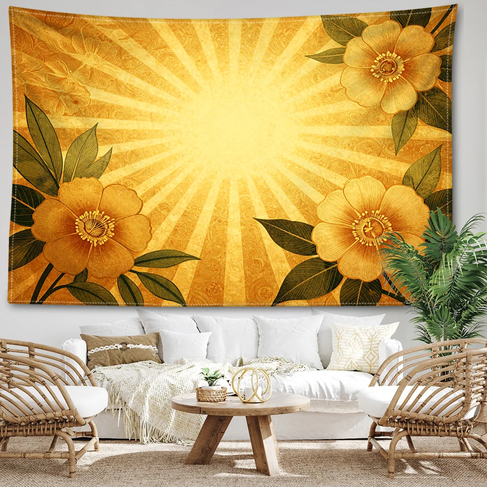 Warm Yellow Peony Floral Radiating Printed Tapestry Wall Hanging Bohemian Style Bedroom Home Decor