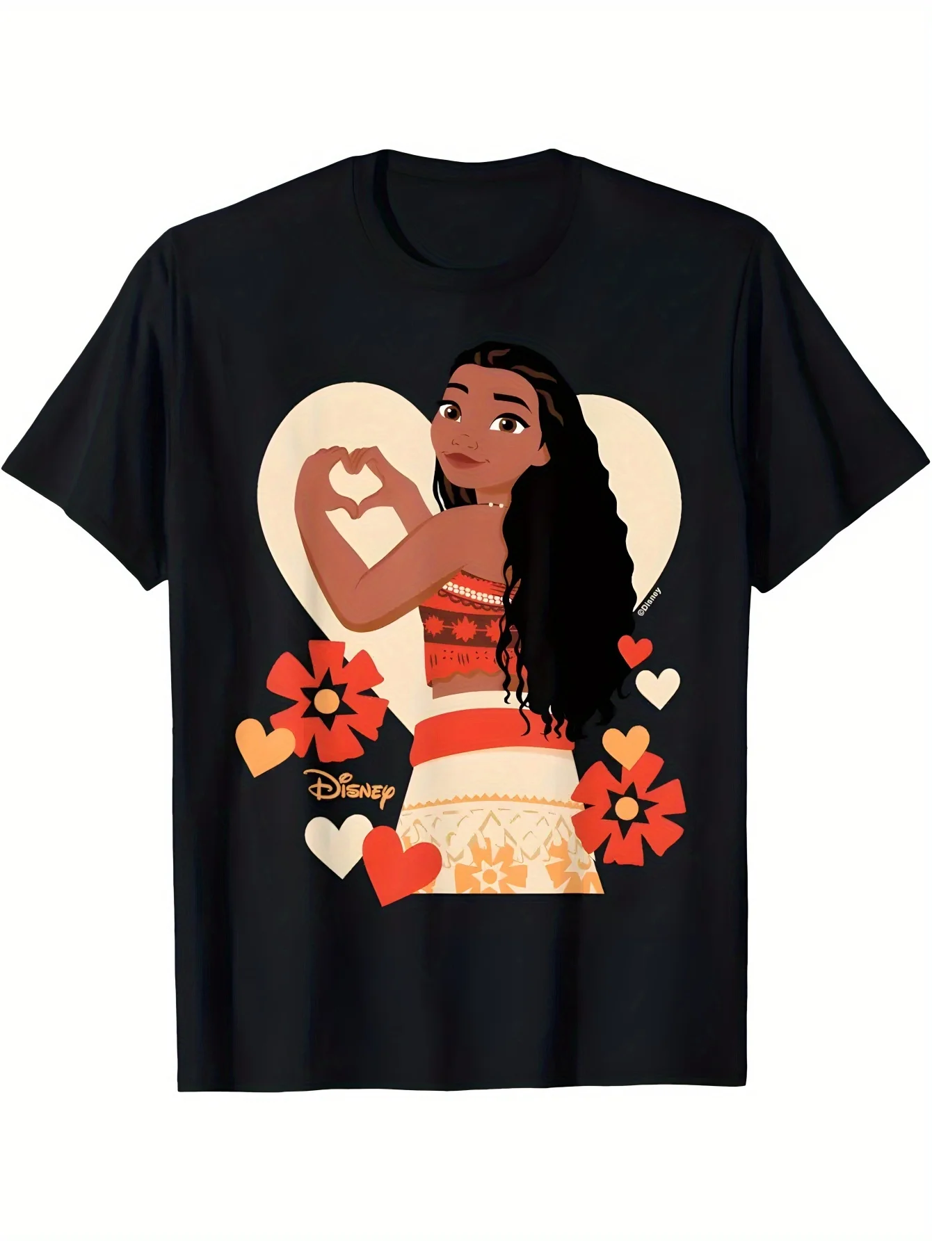 

Disney Moana T-shirt heart-shaped print men's and women's casual cotton black short sleeved fashion casual