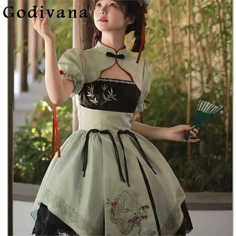 中国風要素ロリータドレスセット女性刺繍 Cos 古代スタイルドレス女の子夏半袖新しいコスプレドレス