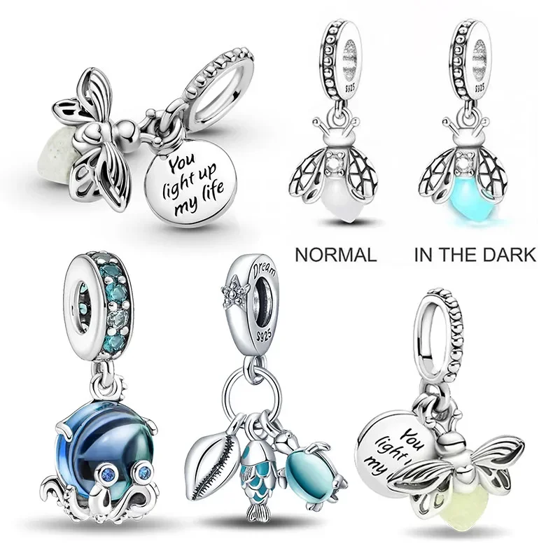 

Silver 925 Blue Deep Sea Octopus Firely Shape Charm Bead Fits Pandora Original Bracelet for Women Pendant Beads DIY Jewelry Gift