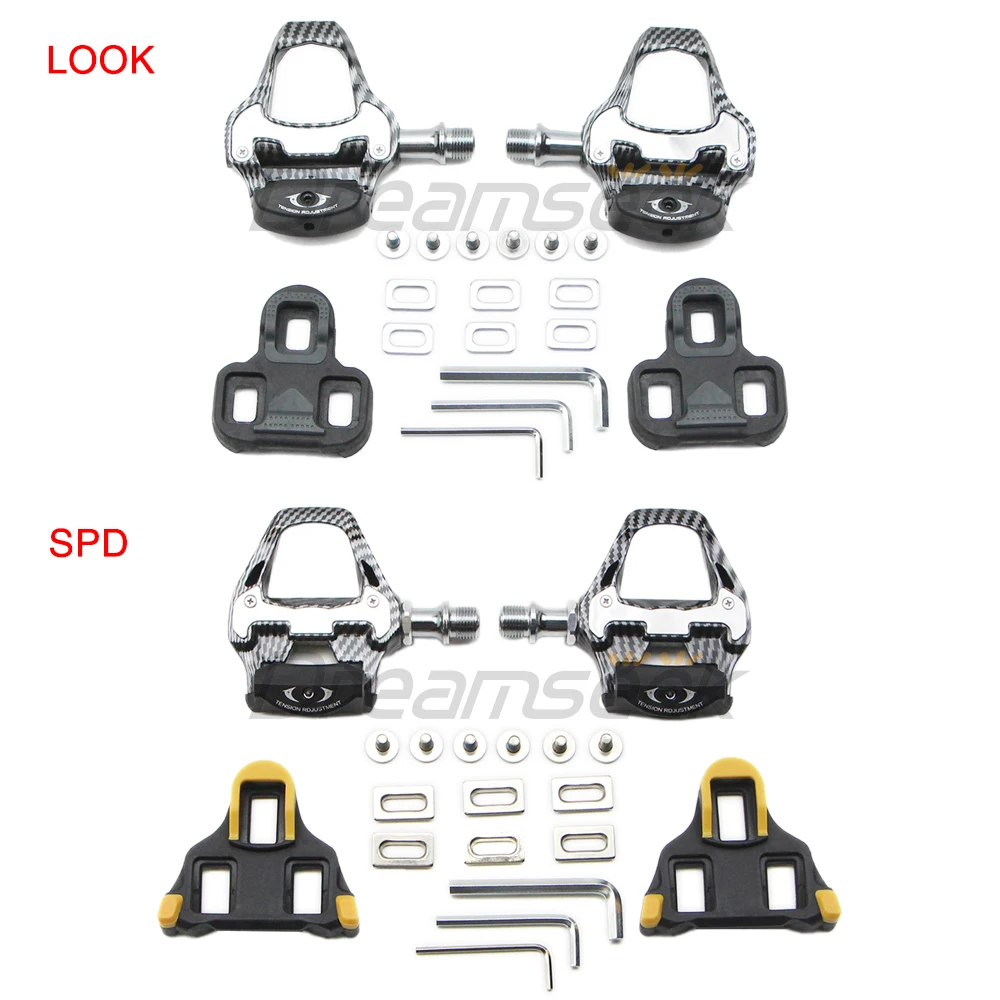

Набор педалей для шоссейного велосипеда без клипсов для SPD/LOOK, самоблокирующиеся, блестящие герметичные педали подшипника DU 9/16 дюйма, стильные велосипедные педали из углеродного волокна